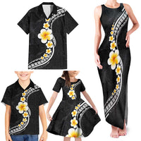 Pacific Hibiscus and Plumeria with Tapa Pattern Family Matching Tank Maxi Dress and Hawaiian Shirt Black Color