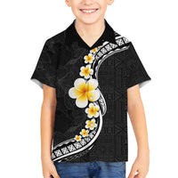 Pacific Hibiscus and Plumeria with Tapa Pattern Family Matching Tank Maxi Dress and Hawaiian Shirt Black Color