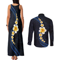 Pacific Hibiscus and Plumeria with Tapa Pattern Couples Matching Tank Maxi Dress and Long Sleeve Button Shirt Dark Blue Color