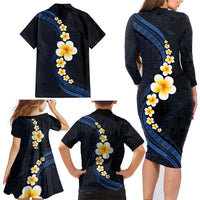 Pacific Hibiscus and Plumeria with Tapa Pattern Family Matching Long Sleeve Bodycon Dress and Hawaiian Shirt Dark Blue Color LT03 - Polynesian Pride