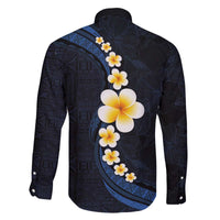Pacific Hibiscus and Plumeria with Tapa Pattern Family Matching Off Shoulder Short Dress and Hawaiian Shirt Dark Blue Color
