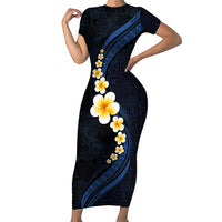 Pacific Hibiscus and Plumeria with Tapa Pattern Family Matching Short Sleeve Bodycon Dress and Hawaiian Shirt Dark Blue Color LT03 Mom's Dress Blue - Polynesian Pride