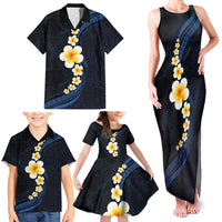 Pacific Hibiscus and Plumeria with Tapa Pattern Family Matching Tank Maxi Dress and Hawaiian Shirt Dark Blue Color
