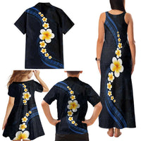 Pacific Hibiscus and Plumeria with Tapa Pattern Family Matching Tank Maxi Dress and Hawaiian Shirt Dark Blue Color
