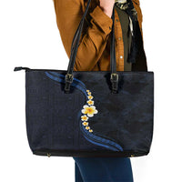 Pacific Hibiscus and Plumeria with Tapa Pattern Leather Tote Bag Dark Blue Color