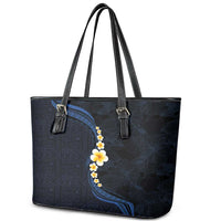 Pacific Hibiscus and Plumeria with Tapa Pattern Leather Tote Bag Dark Blue Color