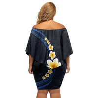 Pacific Hibiscus and Plumeria with Tapa Pattern Off Shoulder Short Dress Dark Blue Color
