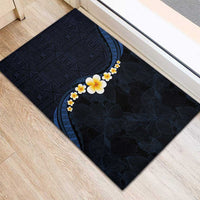 Pacific Hibiscus and Plumeria with Tapa Pattern Rubber Doormat Dark Blue Color