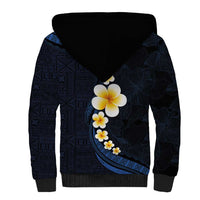 Pacific Hibiscus and Plumeria with Tapa Pattern Sherpa Hoodie Dark Blue Color