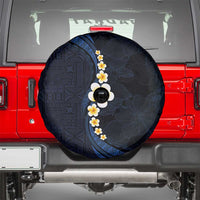 Pacific Hibiscus and Plumeria with Tapa Pattern Spare Tire Cover Dark Blue Color