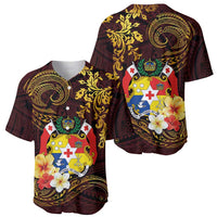 Tonga Ngatu and Hibiscus with Polynesian Tattoo Baseball Jersey Gold and Oxblood Color