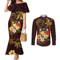 Tonga Ngatu and Hibiscus with Polynesian Tattoo Couples Matching Mermaid Dress and Long Sleeve Button Shirt Gold and Oxblood Color LT03 Oxblood - Polynesian Pride