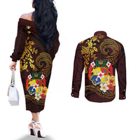 Tonga Ngatu and Hibiscus with Polynesian Tattoo Couples Matching Off The Shoulder Long Sleeve Dress and Long Sleeve Button Shirt Gold and Oxblood Color LT03 - Polynesian Pride