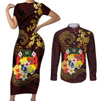 Tonga Ngatu and Hibiscus with Polynesian Tattoo Couples Matching Short Sleeve Bodycon Dress and Long Sleeve Button Shirt Gold and Oxblood Color LT03 Oxblood - Polynesian Pride