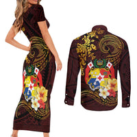 Tonga Ngatu and Hibiscus with Polynesian Tattoo Couples Matching Short Sleeve Bodycon Dress and Long Sleeve Button Shirt Gold and Oxblood Color LT03 - Polynesian Pride