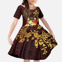 Tonga Ngatu and Hibiscus with Polynesian Tattoo Family Matching Long Sleeve Bodycon Dress and Hawaiian Shirt Gold and Oxblood Color LT03 Daughter's Dress Oxblood - Polynesian Pride