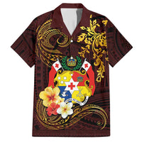 Tonga Ngatu and Hibiscus with Polynesian Tattoo Family Matching Long Sleeve Bodycon Dress and Hawaiian Shirt Gold and Oxblood Color LT03 Dad's Shirt - Short Sleeve Oxblood - Polynesian Pride