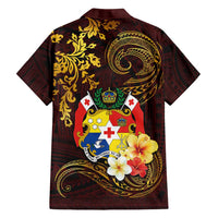 Tonga Ngatu and Hibiscus with Polynesian Tattoo Family Matching Long Sleeve Bodycon Dress and Hawaiian Shirt Gold and Oxblood Color LT03 - Polynesian Pride