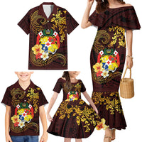 Tonga Ngatu and Hibiscus with Polynesian Tattoo Family Matching Mermaid Dress and Hawaiian Shirt Gold and Oxblood Color LT03 - Polynesian Pride