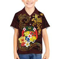 Tonga Ngatu and Hibiscus with Polynesian Tattoo Family Matching Off Shoulder Short Dress and Hawaiian Shirt Gold and Oxblood Color