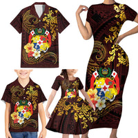 Tonga Ngatu and Hibiscus with Polynesian Tattoo Family Matching Short Sleeve Bodycon Dress and Hawaiian Shirt Gold and Oxblood Color LT03 - Polynesian Pride