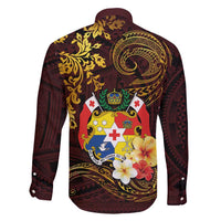 Tonga Ngatu and Hibiscus with Polynesian Tattoo Family Matching Short Sleeve Bodycon Dress and Hawaiian Shirt Gold and Oxblood Color LT03 - Polynesian Pride