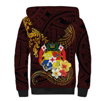 Tonga Ngatu and Hibiscus with Polynesian Tattoo Sherpa Hoodie Gold and Oxblood Color