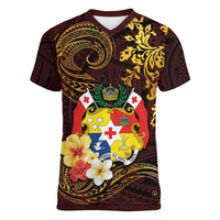 Tonga Ngatu and Hibiscus with Polynesian Tattoo Women V-Neck T-Shirt Gold and Oxblood Color LT03 Female Oxblood - Polynesian Pride