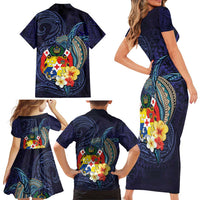 Tonga Vava'u Humpback Whale Blue Water Family Matching Short Sleeve Bodycon Dress and Hawaiian Shirt Polynesian Hibiscus Flowers LT03 - Polynesian Pride