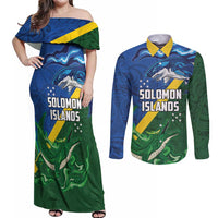 Solomon Islands Polynesian Tribal Shark and Crocodile Couples Matching Off Shoulder Maxi Dress and Long Sleeve Button Shirt