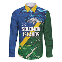 Solomon Islands Polynesian Tribal Shark and Crocodile Family Matching Short Sleeve Bodycon Dress and Hawaiian Shirt LT03 Dad's Shirt - Long Sleeve Blue - Polynesian Pride
