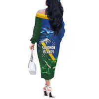 Solomon Islands Polynesian Tribal Shark and Crocodile Off The Shoulder Long Sleeve Dress