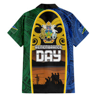Solomon Islands Remembrance Day Family Matching Off Shoulder Short Dress and Hawaiian Shirt Lest We Forget and Polynesian Tattoo Pattern