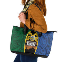 Solomon Islands Remembrance Day Leather Tote Bag Lest We Forget and Polynesian Tattoo Pattern LT03 Black - Polynesian Pride