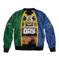 Solomon Islands Remembrance Day Sleeve Zip Bomber Jacket Lest We Forget and Polynesian Tattoo Pattern