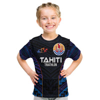 Personalised Tahiti Triathlon Polynesian Pattern Kid T Shirt LT03 Black - Polynesian Pride