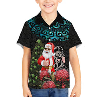 Personalized New Zealand Christmas Family Matching Tank Maxi Dress and Hawaiian Shirt Maori Santa Pikorua and Pohutukawa Meri Kirihimete LT03 Son's Shirt Black - Polynesian Pride