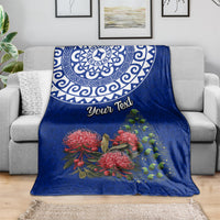 Personalized New Zealand Christmas Blanket Maori Santa Pikorua and Pohutukawa Meri Kirihimete Blue LT03 - Polynesian Pride