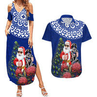 Personalized New Zealand Christmas Couples Matching Summer Maxi Dress and Hawaiian Shirt Maori Santa Pikorua and Pohutukawa Meri Kirihimete Blue LT03 Blue - Polynesian Pride