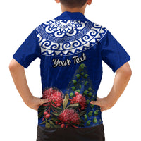 Personalized New Zealand Christmas Family Matching Short Sleeve Bodycon Dress and Hawaiian Shirt Maori Santa Pikorua and Pohutukawa Meri Kirihimete Blue LT03 - Polynesian Pride