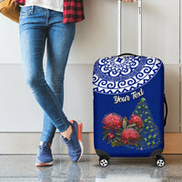 Personalized New Zealand Christmas Luggage Cover Maori Santa Pikorua and Pohutukawa Meri Kirihimete Blue LT03 - Polynesian Pride