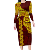 Tonga High School Long Sleeve Bodycon Dress Traditional Ngatu and Polynesian Pattern LT03 Long Dress Yellow - Polynesian Pride