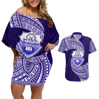 Tonga Tupou High School Couples Matching Off Shoulder Short Dress and Hawaiian Shirt Traditional Ngatu and Polynesian Pattern LT03 Blue - Polynesian Pride