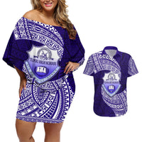 Tonga Tupou High School Couples Matching Off Shoulder Short Dress and Hawaiian Shirt Traditional Ngatu and Polynesian Pattern LT03 Blue - Polynesian Pride