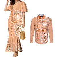 Kanaka Maoli Tropical Flowers with Kakau Tribal Couples Matching Mermaid Dress and Long Sleeve Button Shirt Peach Fuzz Color LT03 Peach Fuzz - Polynesian Pride