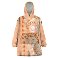 Kanaka Maoli Tropical Flowers with Kakau Tribal Wearable Blanket Hoodie Peach Fuzz Color LT03 One Size Peach Fuzz - Polynesian Pride