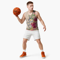 Hawaiian Tropical Flowers and Tribal Turtles Basketball Jersey Polynesian Art Motifs Beige Color LT03 - Polynesian Pride