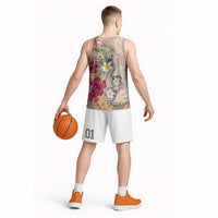 Hawaiian Tropical Flowers and Tribal Turtles Basketball Jersey Polynesian Art Motifs Beige Color LT03 - Polynesian Pride