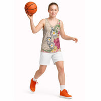 Hawaiian Tropical Flowers and Tribal Turtles Basketball Jersey Polynesian Art Motifs Beige Color LT03 - Polynesian Pride