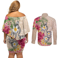 Hawaiian Tropical Flowers and Tribal Turtles Couples Matching Off Shoulder Short Dress and Long Sleeve Button Shirt Polynesian Art Motifs Beige Color LT03 - Polynesian Pride